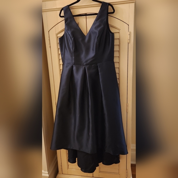 Alfred Sung Navy Blue High Low Satin Gown, Size 14 - Picture 7 of 7